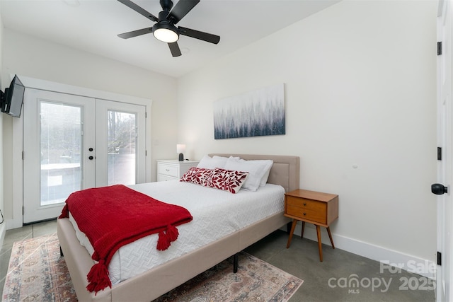 bedroom featuring ceiling fan, access to exterior, and french doors