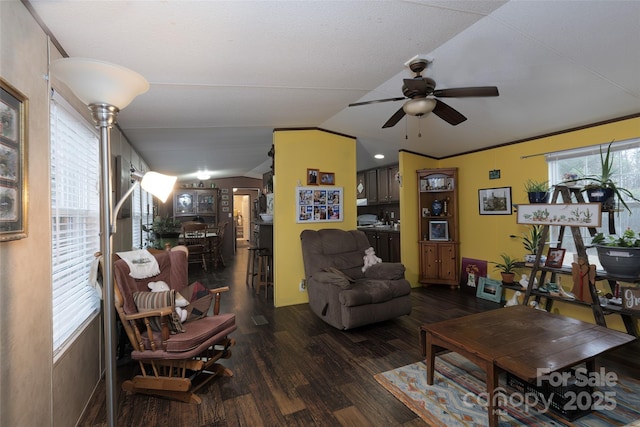 living room with lofted ceiling, dark hardwood / wood-style flooring, and ceiling fan