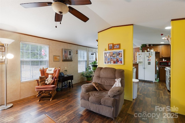 living room featuring dark wood-type flooring, ornamental molding, lofted ceiling, and ceiling fan