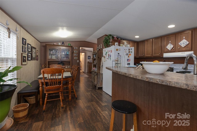 kitchen with vaulted ceiling, dark wood-type flooring, white refrigerator with ice dispenser, and sink