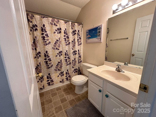 full bath featuring toilet, shower / tub combo with curtain, vaulted ceiling, a textured ceiling, and vanity