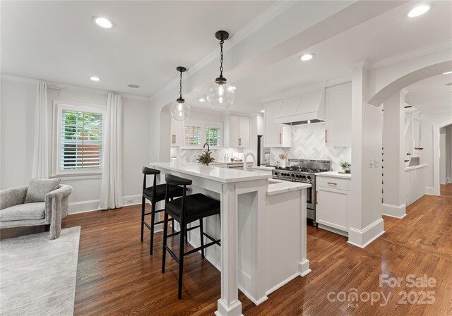 2809 Glendale Rd, Charlotte, NC 28209 - kitchen with high end stove, arched walkways, ornamental molding, a kitchen bar, and decorative backsplash