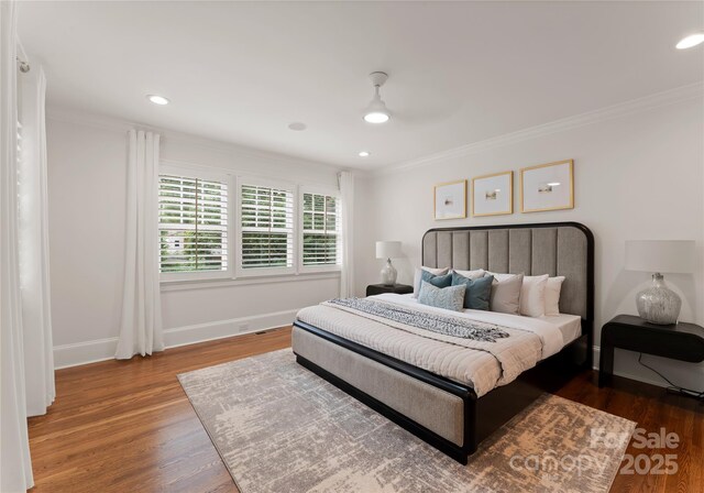 2809 Glendale Rd, Charlotte, NC 28209 - bedroom with ornamental molding, wood finished floors, baseboards, recessed lighting, and a ceiling fan
