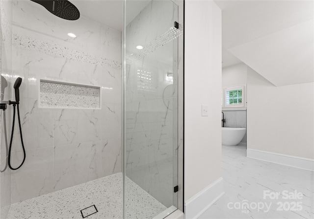 2809 Glendale Rd, Charlotte, NC 28209 - bathroom featuring a marble finish shower, marble finish floors, baseboards, and a freestanding bath