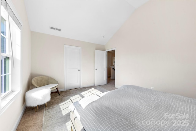 carpeted bedroom with high vaulted ceiling