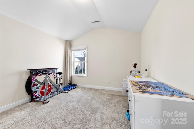 miscellaneous room with light carpet and vaulted ceiling