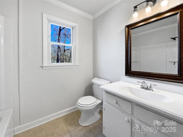 full bathroom featuring crown molding, tub / shower combination, tile patterned flooring, vanity, and toilet