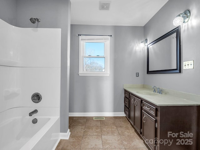 bathroom featuring shower / tub combination, vanity, and tile patterned floors