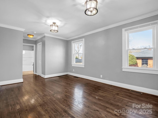 unfurnished dining area with crown molding and dark wood-type flooring