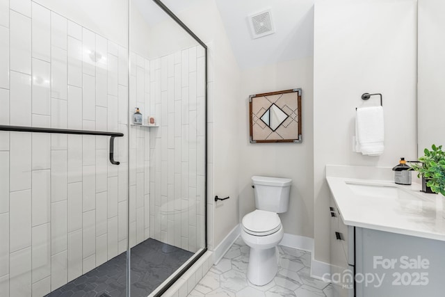 bathroom with marble finish floor, visible vents, toilet, vanity, and baseboards