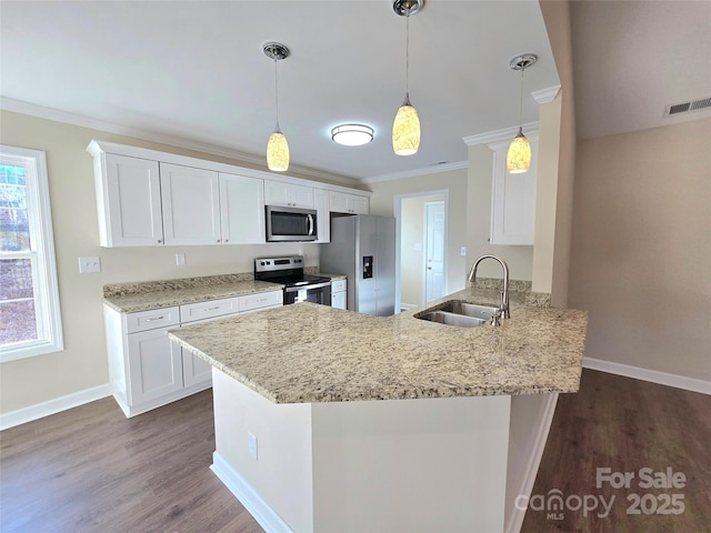 kitchen featuring pendant lighting, sink, white cabinets, kitchen peninsula, and stainless steel appliances