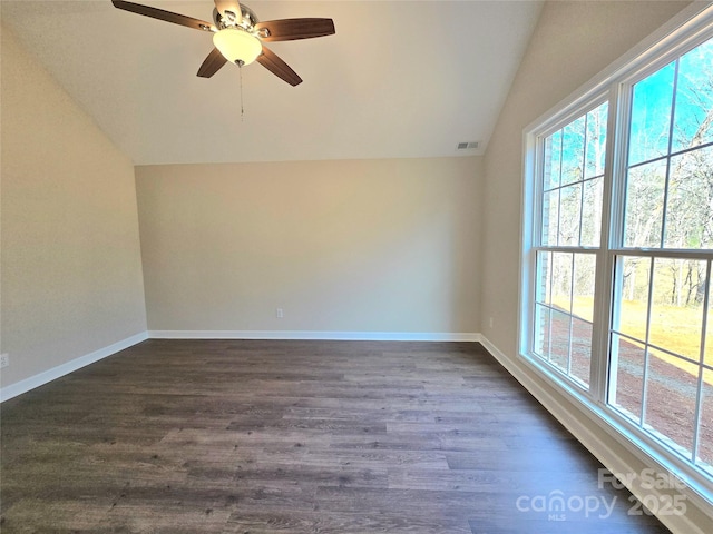 empty room with lofted ceiling, dark hardwood / wood-style floors, and a wealth of natural light