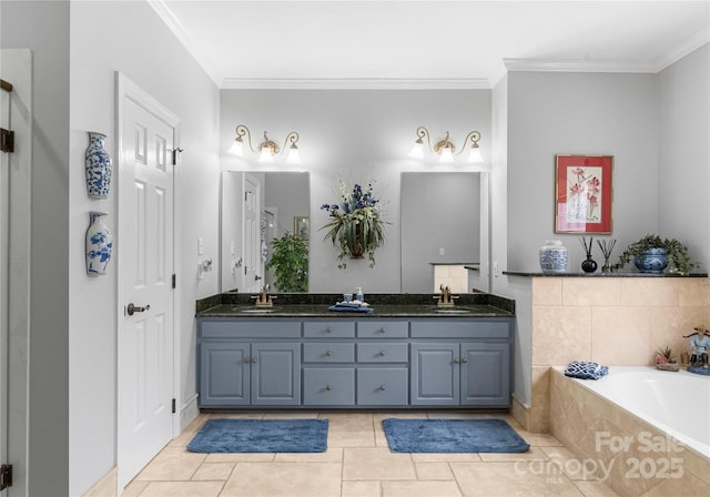 bathroom featuring vanity, tile patterned flooring, a relaxing tiled tub, and ornamental molding