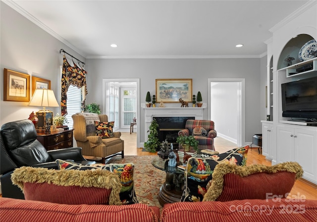 living room with crown molding, light hardwood / wood-style flooring, and a premium fireplace