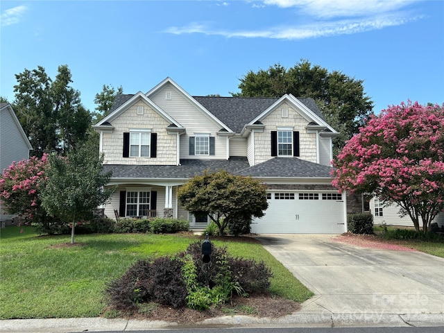 view of front of home featuring a shingled roof, a front yard, concrete driveway, and an attached garage