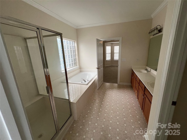 full bathroom with a garden tub, ornamental molding, a shower stall, tile patterned floors, and double vanity