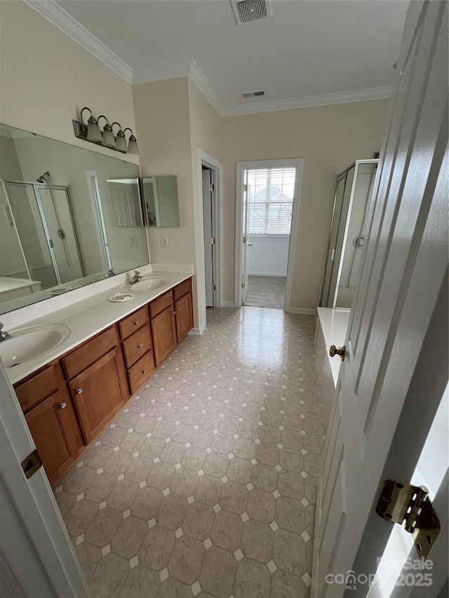 bathroom featuring double vanity, ornamental molding, a sink, and a shower stall