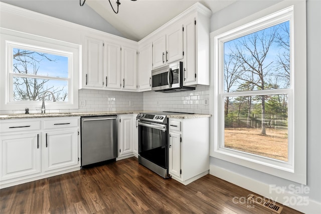 kitchen featuring white cabinetry, sink, stainless steel appliances, and lofted ceiling