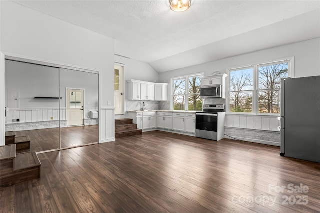 kitchen featuring appliances with stainless steel finishes, white cabinetry, dark hardwood / wood-style flooring, decorative backsplash, and vaulted ceiling