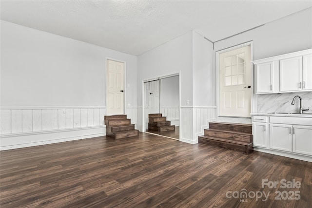 unfurnished living room featuring dark wood-type flooring and sink