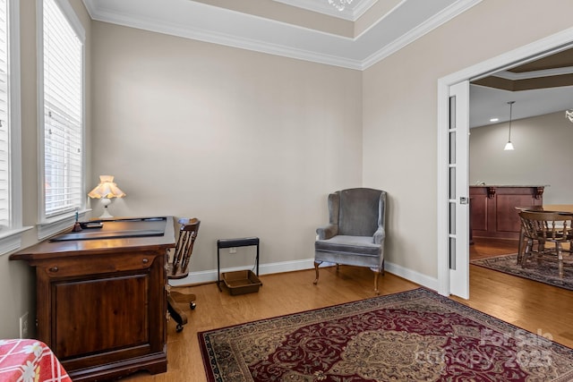 office area featuring ornamental molding, light hardwood / wood-style floors, and a wealth of natural light