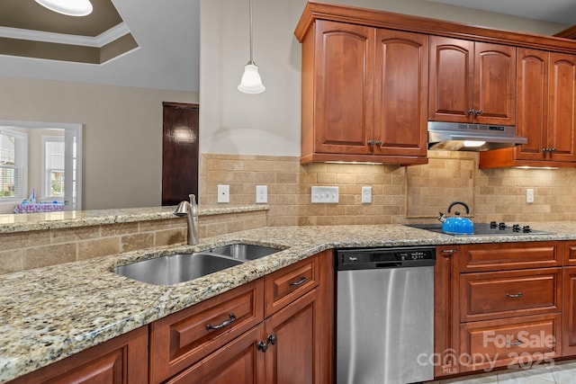 kitchen featuring pendant lighting, dishwasher, sink, light stone countertops, and black electric cooktop