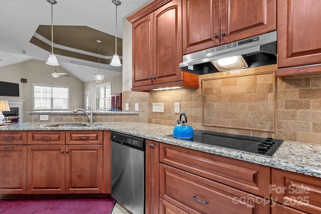 kitchen featuring sink, light stone counters, dishwasher, pendant lighting, and black electric stovetop