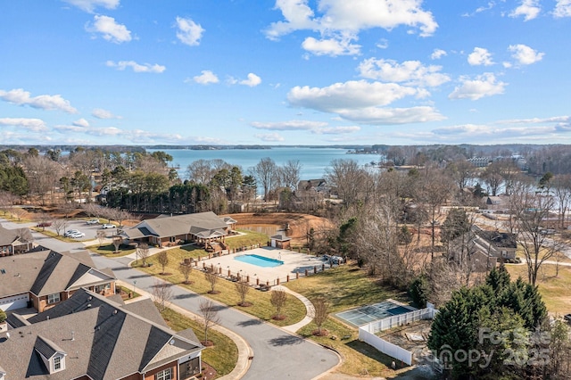 drone / aerial view featuring a water view