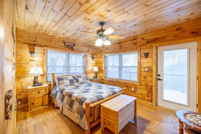 bedroom featuring ceiling fan, wooden walls, wood ceiling, and light hardwood / wood-style floors