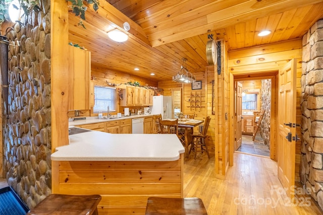 kitchen with white appliances, light hardwood / wood-style flooring, wooden ceiling, and kitchen peninsula