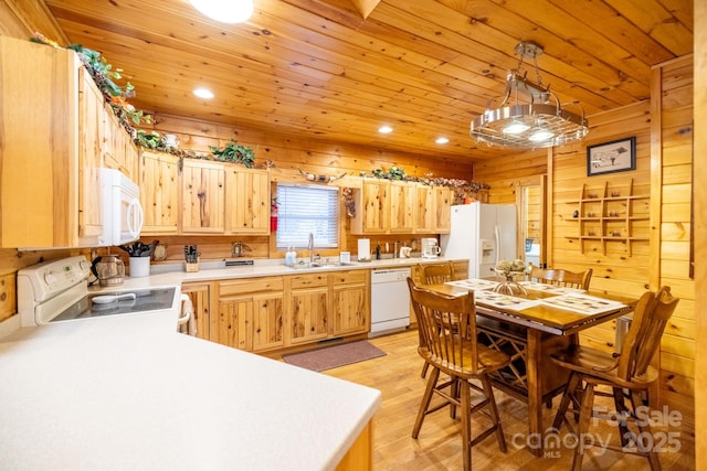 kitchen with wooden walls, decorative light fixtures, sink, wood ceiling, and white appliances