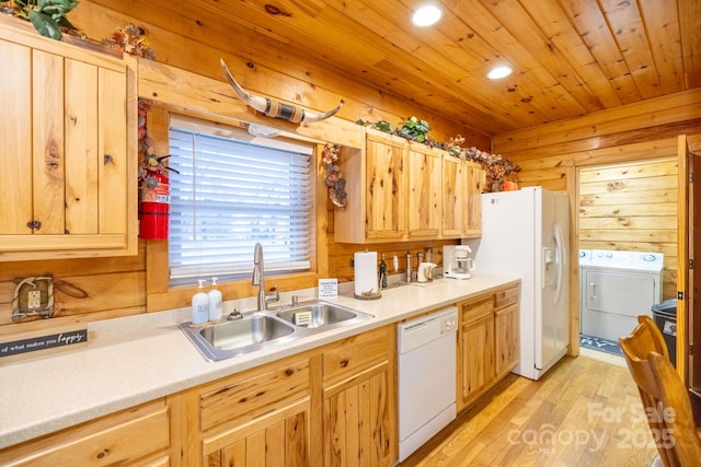 kitchen featuring wood ceiling, white appliances, wooden walls, and sink