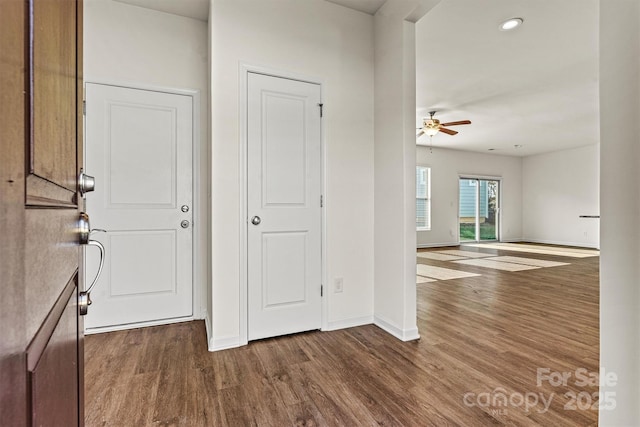 entryway featuring ceiling fan and wood-type flooring