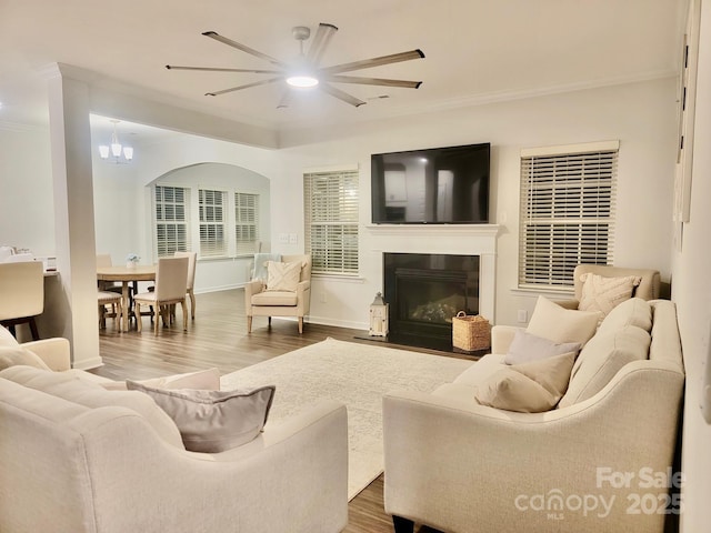 living room with hardwood / wood-style flooring, ceiling fan with notable chandelier, and ornamental molding