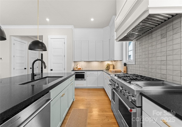 kitchen featuring light wood-style flooring, a sink, appliances with stainless steel finishes, white cabinets, and custom exhaust hood