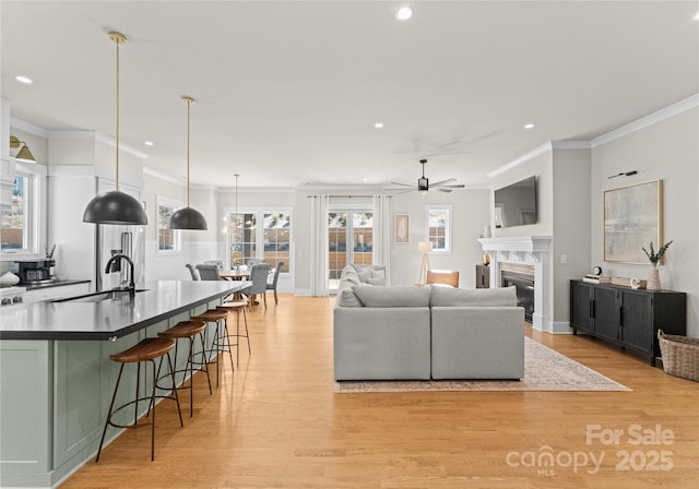 living room with crown molding, light wood-style floors, and a high end fireplace