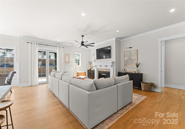 living area featuring light wood finished floors, a fireplace, baseboards, and ornamental molding