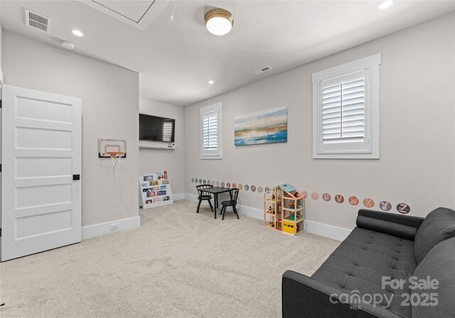 playroom featuring recessed lighting, visible vents, carpet floors, and baseboards