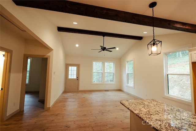 unfurnished living room featuring recessed lighting, lofted ceiling with beams, light wood-style flooring, and a ceiling fan
