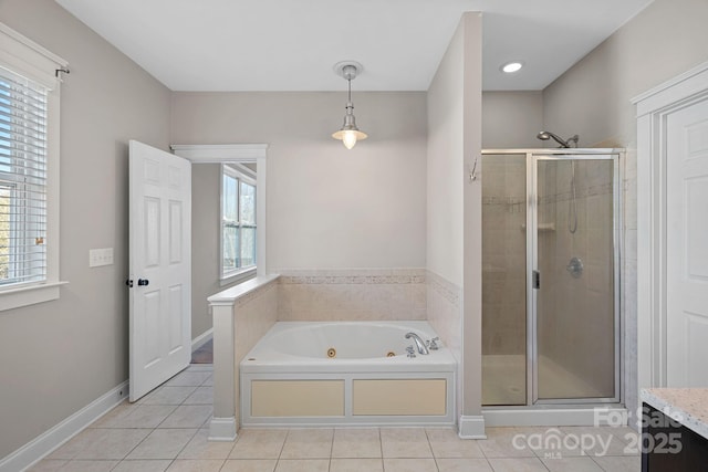 bathroom with vanity, tile patterned floors, and independent shower and bath