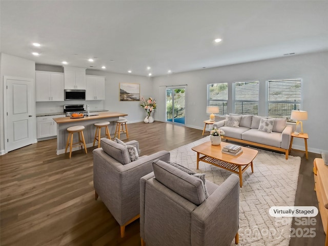 living room with sink and dark hardwood / wood-style flooring