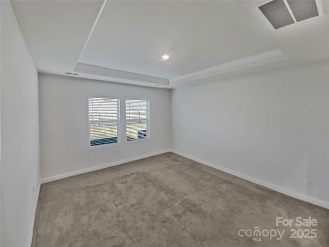 unfurnished room with light colored carpet and a tray ceiling