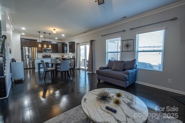 living room with crown molding, dark hardwood / wood-style flooring, and sink