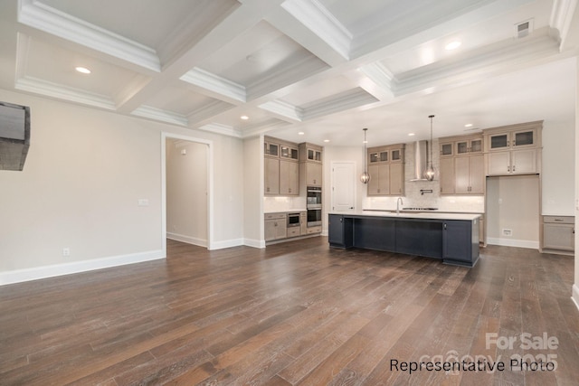 unfurnished living room featuring dark wood-type flooring, coffered ceiling, sink, crown molding, and beamed ceiling