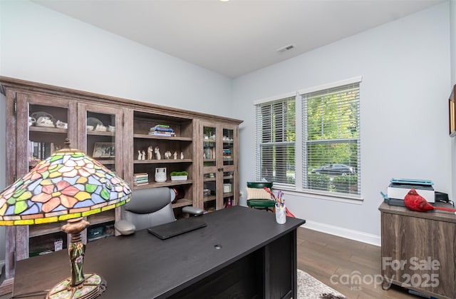 home office featuring dark hardwood / wood-style floors