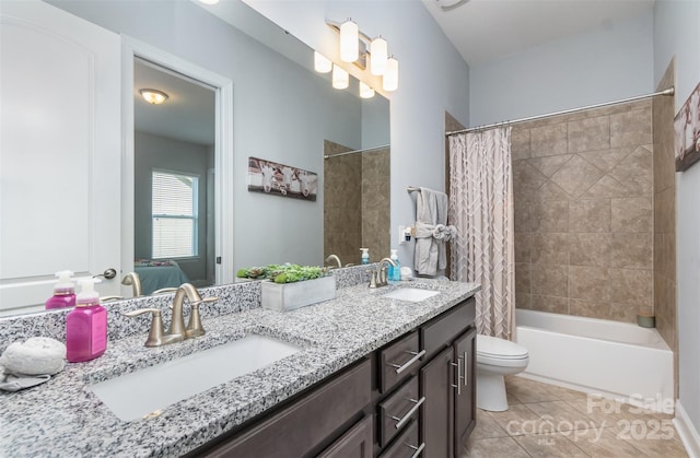 full bathroom with vanity, toilet, tile patterned flooring, and shower / bath combo with shower curtain