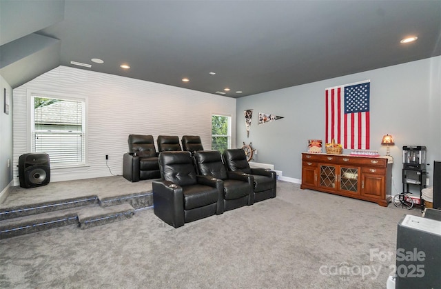 carpeted home theater room with a wealth of natural light