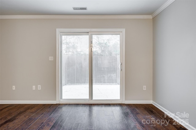 unfurnished room featuring crown molding and dark wood-type flooring