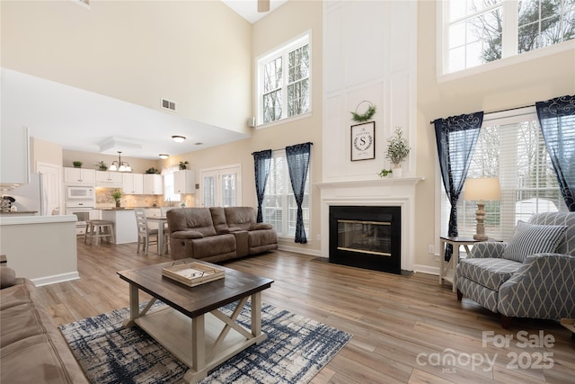 living room with a fireplace, plenty of natural light, and light hardwood / wood-style floors