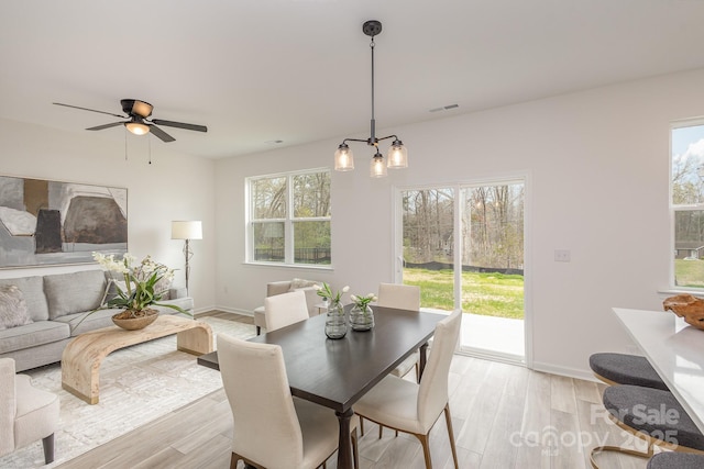 dining room featuring ceiling fan and light hardwood / wood-style flooring